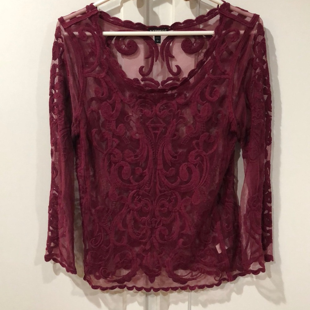 Sheer, lace, burgundy express top